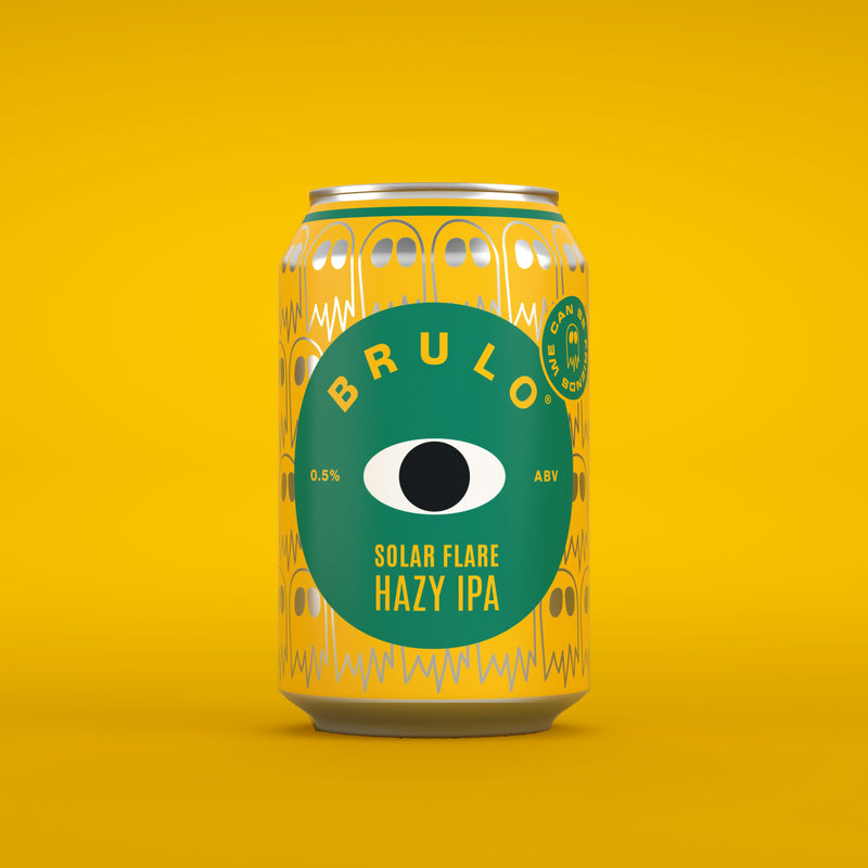 Can of BRULO Solar Flare non alcoholic hazy IPA on a yellow background
